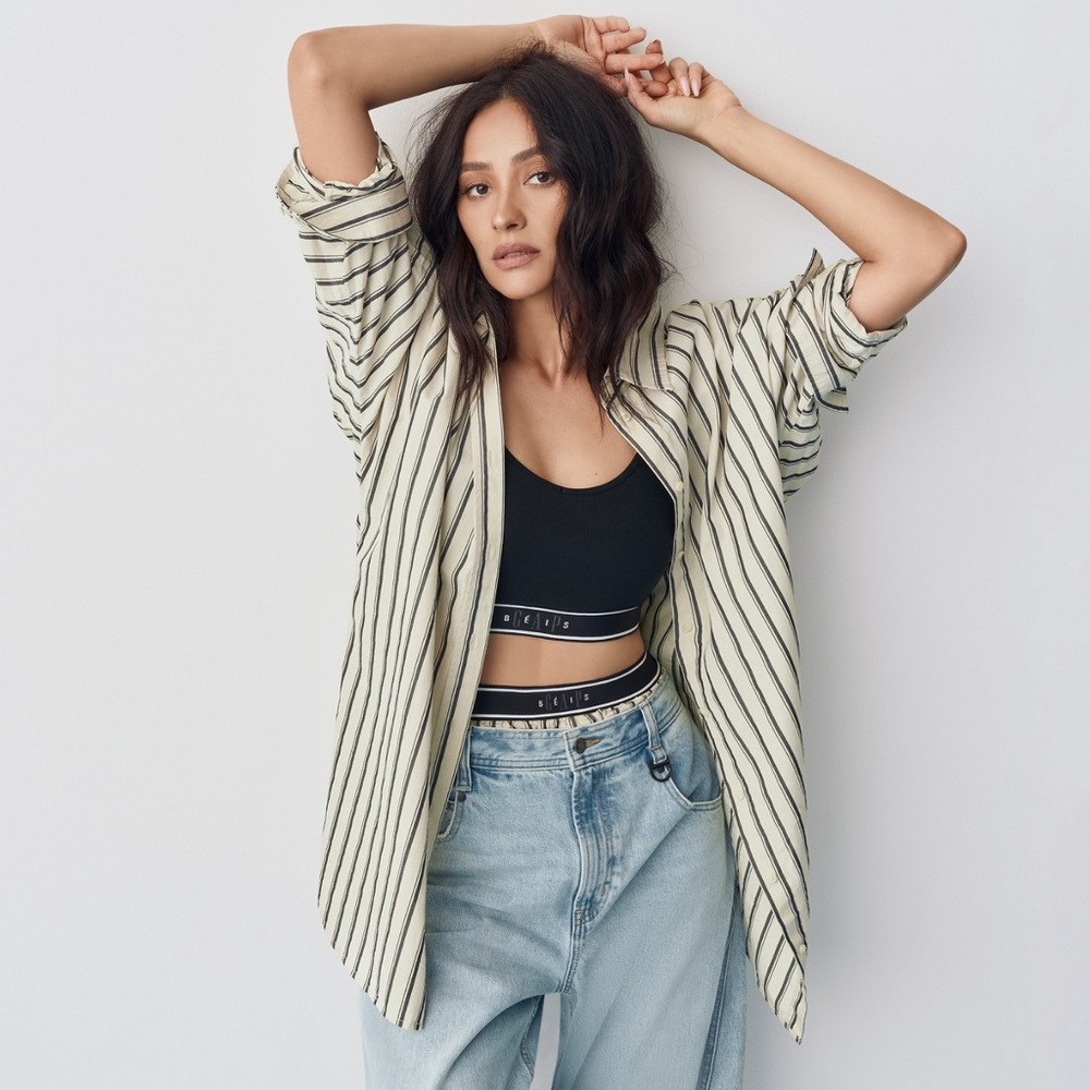 Gap × BÉIS Poplin Dolman Big Shirt Boxer Shorts Set Khaki tan & black stripe - Picture 3 of 15